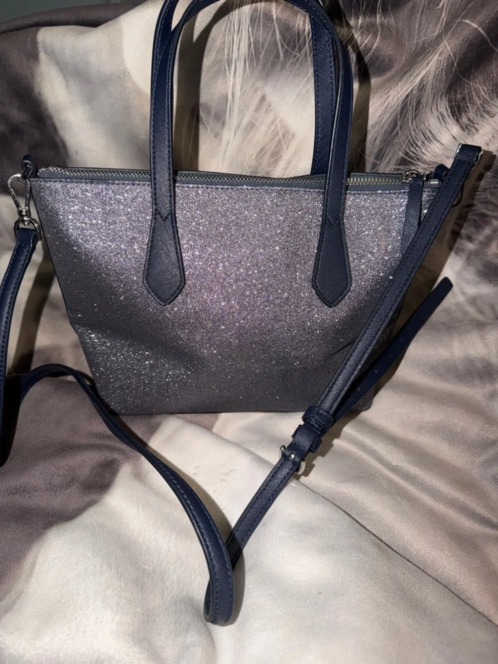 Kate Spade blue  Metallic Glitter Shoulder Tote with navy blue handle and strap. - Picture 5 of 11